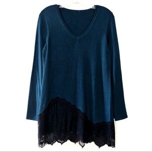Chico’s Cashmere Sweater Teal Tunic w/ Black Lace